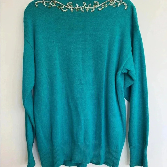 Vintage Teal Beaded Sweater by Dana Scott - Size L - Picture 7 of 9